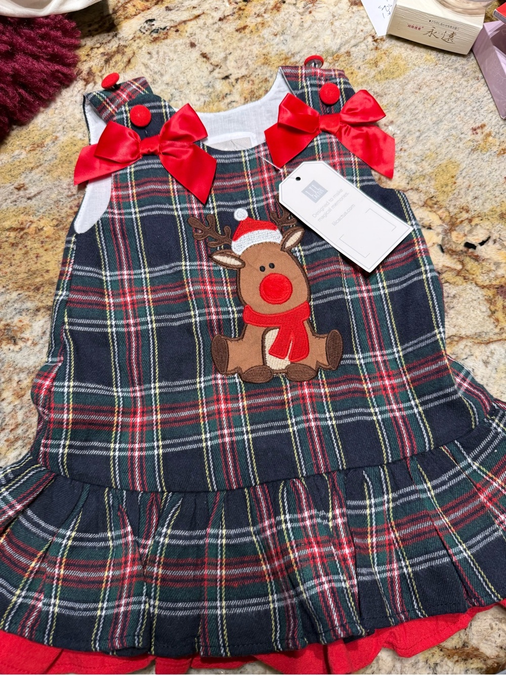 Cactus Plaid Toddler Dress with Red Buttons and Bows new with tags